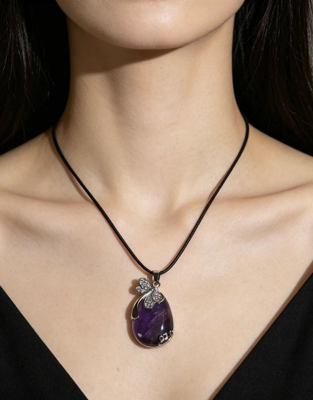 Amethyst Pendant Necklace with Silver Floral Accent