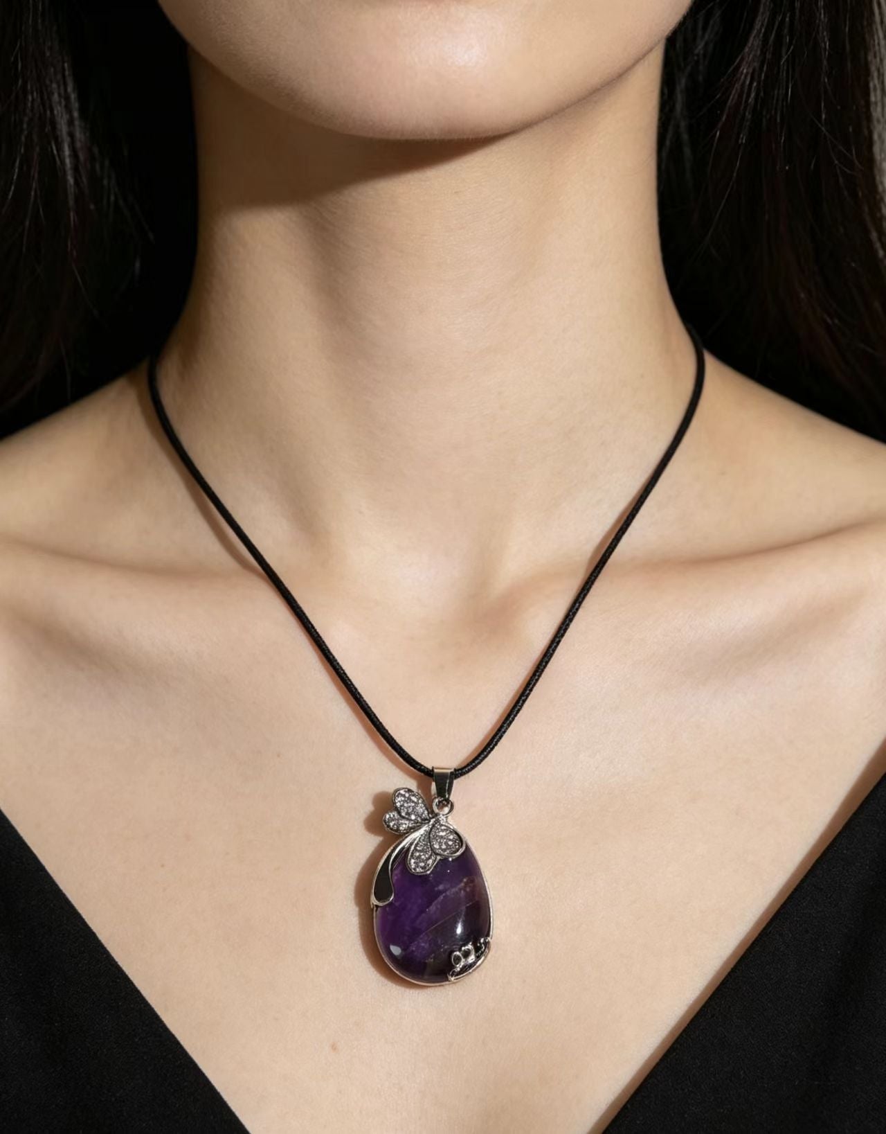 Amethyst Pendant Necklace with Silver Floral Accent