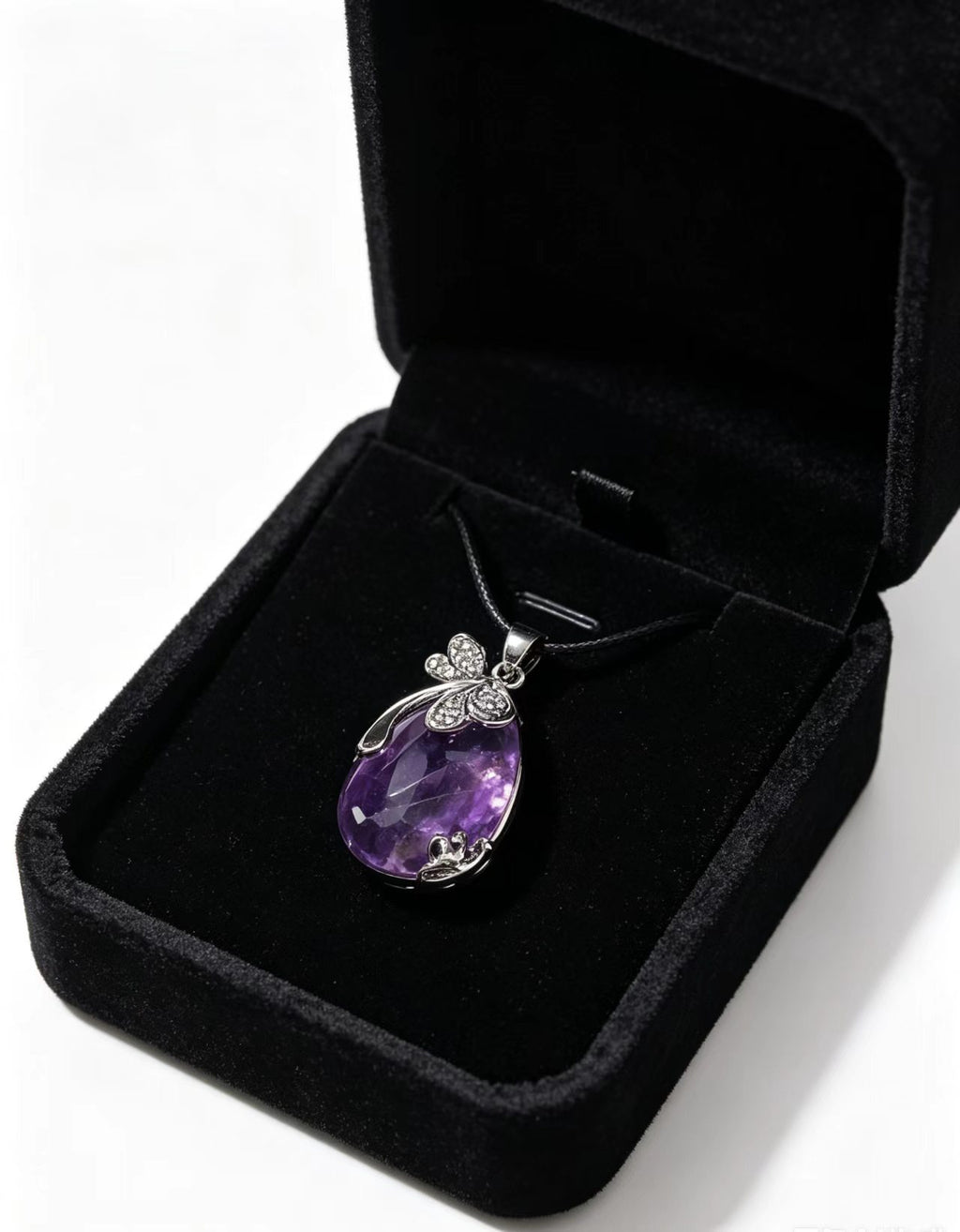 Amethyst Pendant Necklace with Silver Floral Accent