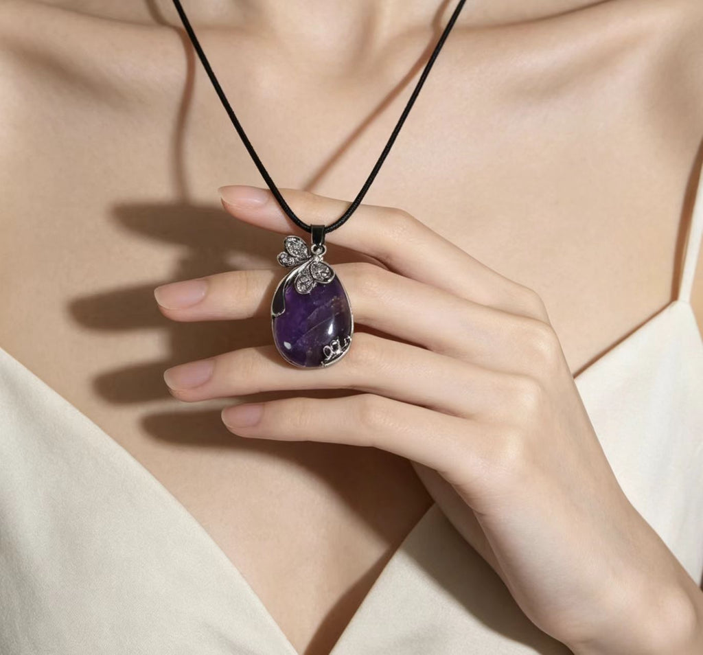 Amethyst Pendant Necklace with Silver Floral Accent